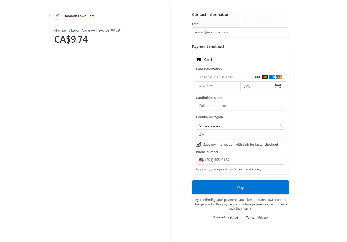 Stripe payment page from LandscapeBossPro showing Hamann Lawn Care — Invoice #459 for CA$9.74, with card fields and a Pay button
